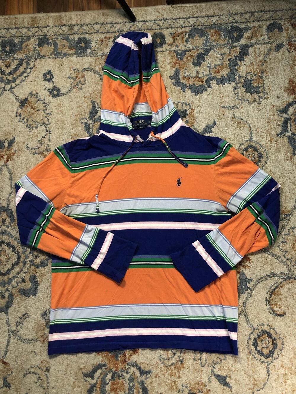 Polo Ralph Lauren Hoodie Shirt Mens Large Multicolor Stripe Lightweight Logo